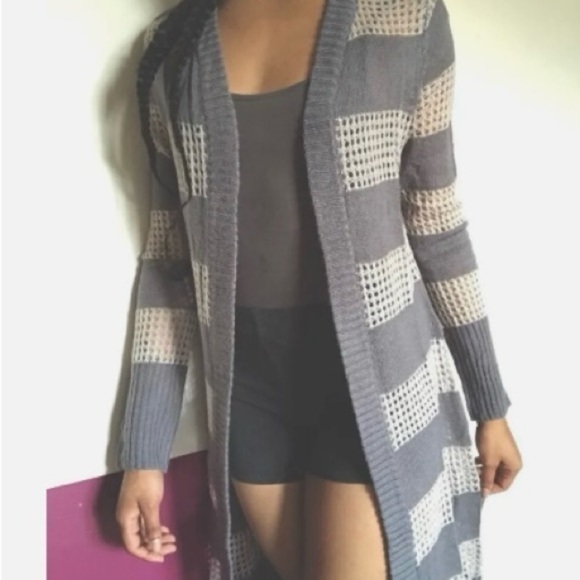 Mudd Grey Striped Over Coat Cardigan Long Knee Duster Sweater Medium